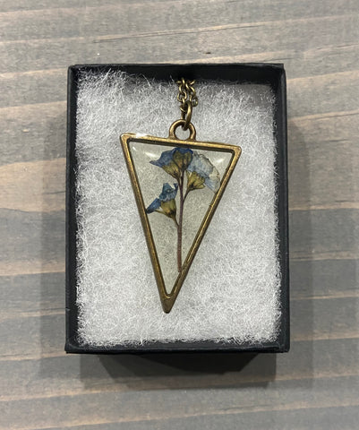 Pressed Flower Necklace, Forget Me Not on Clear, Antique Bronze
