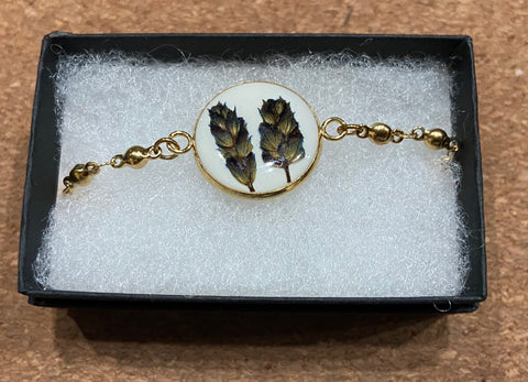 Pressed Flower Bracelet, Lavender on White, Gold