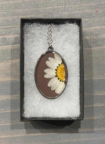 Pressed Flower Oval Necklace, Daisy on Taupe, Silver