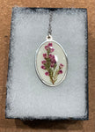Pressed Flower Oval Necklace, Heather on White, Silver