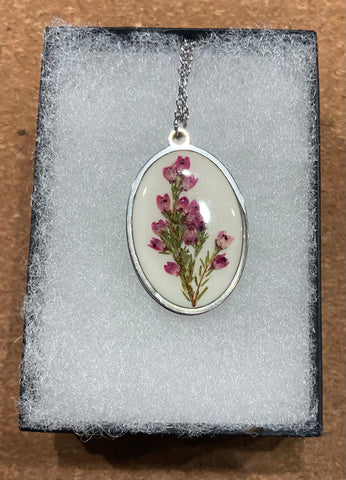 Pressed Flower Oval Necklace, Heather on White, Silver