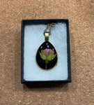 Pressed Flower Teardrop Necklace, Rose on Black, Antique Bronze
