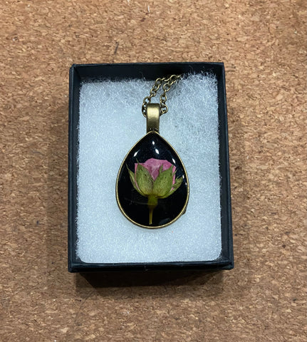 Pressed Flower Teardrop Necklace, Rose on Black, Antique Bronze