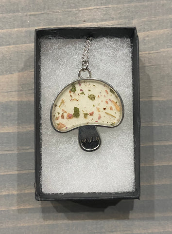 Pressed Flower Mushroom, Wildflowers on White, Silver