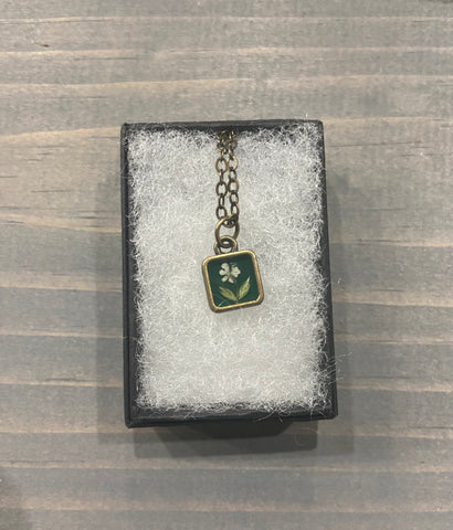 Pressed Flower Tiny Square Necklace, Queen Anne's Lace on Green, Antique Bronze