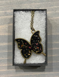 Pressed Flower Butterfly Necklace, Wildflowers on Black, Antique Bronze