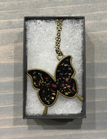 Pressed Flower Butterfly Necklace, Wildflowers on Black, Antique Bronze