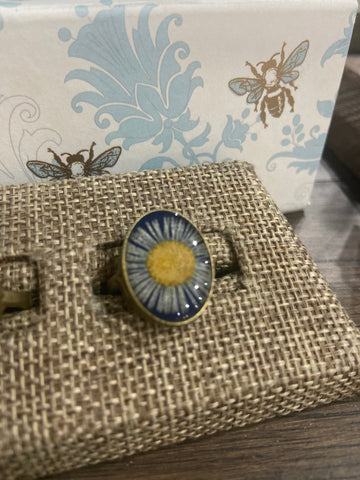 Pressed Flower Oval Ring, Fleabane on Blue, Antique Bronze