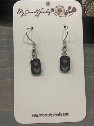 Pressed Flower Tiny Rectangle Earrings - Heather on Black, Silver
