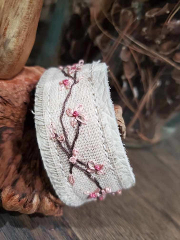 Hand-Embroidered Linen Leather Bracelet - Cherry Blossom