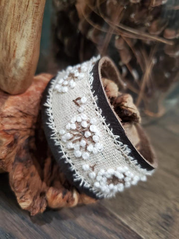 Hand-Embroidered Linen Leather Bracelet - Make a Wish Dandelion Puff 1