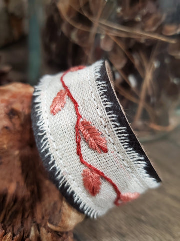 Hand-Embroidered Linen Leather Bracelet - Coral Leaf & Vine