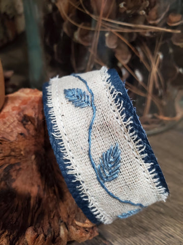 Hand-Embroidered Linen Leather Bracelet - Blue Leaf & Vine