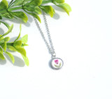Pressed Flower Tiny Circle Necklace, Heather on White, Silver