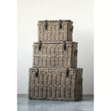Baskets with Lids and Leather Buckles, Set of 3