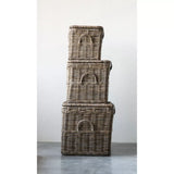 Baskets with Lids and Leather Buckles, Set of 3