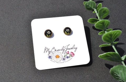 Pressed Flower Stud Earrings - Queen Anne's Lace on Black, Silver