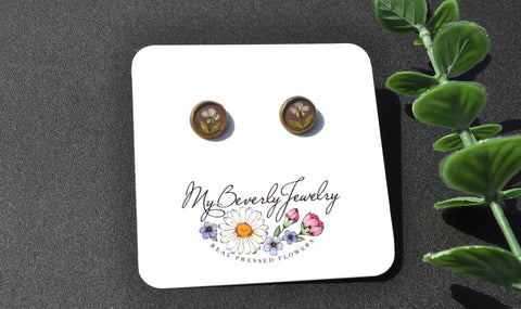 Pressed Flower Stud Earrings - Queen Anne's Lace on Beige, Silver