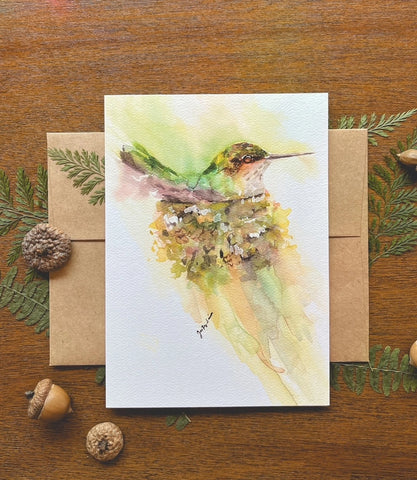 Nesting Hummingbird A7 Watercolor Greeting Card