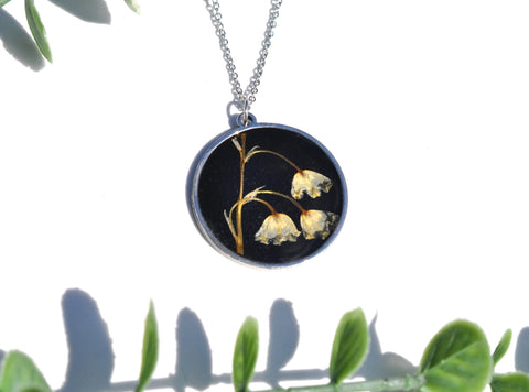Pressed Flower Circle Necklace, Lily of the Vally on Black, Silver