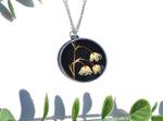 Pressed Flower Circle Necklace, Lily of the Vally on Black, Silver
