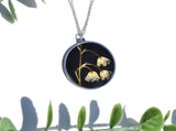 Pressed Flower Circle Necklace, Lily of the Vally on Black, Silver