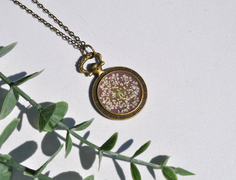 Pressed Flower Pocket Watch Necklace, Queen Anne's Lace on Beige, Antique Bronze