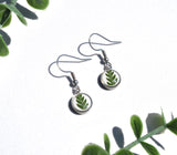 Pressed Flower Tiny Circle Earrings - Pressed Fern on White, Silver