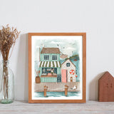 Whimsical Fish Market Coastal Pier Illustration Print