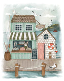Whimsical Fish Market Coastal Pier Illustration Print