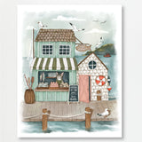 Whimsical Fish Market Coastal Pier Illustration Print