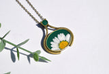 Pressed Flower Ornate Necklace, Daisy on Green, Antique Bronze