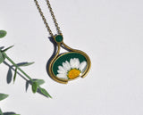 Pressed Flower Ornate Necklace, Daisy on Green, Antique Bronze