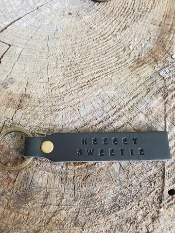 'Heeeey Sweetie' (Chickadee) Stamped Leather Keychain