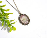 Pressed Flower Heirloom Necklace, Queen Anne's Lace on Beige, Antique Bronze