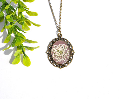 Pressed Flower Heirloom Necklace, Queen Anne's Lace on Beige, Antique Bronze