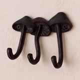Mushroom 3-Hook Rack, Antique Brown Cast Iron Wall Hooks, 5"