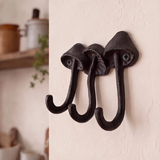 Mushroom 3-Hook Rack, Antique Brown Cast Iron Wall Hooks, 5"