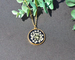 Pressed Flower Circle Necklace, Queen Anne's Lace on Black, Gold