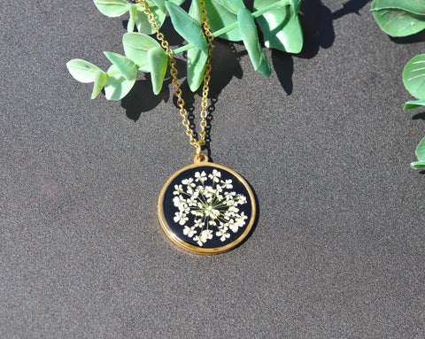 Pressed Flower Circle Necklace, Queen Anne's Lace on Black, Gold