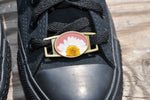 Pressed Flower Shoe Buckle, Daisy on Pink, Antique Bronze