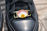Pressed Flower Shoe Buckle, Daisy on Pink, Antique Bronze