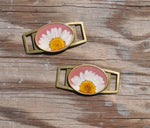 Pressed Flower Shoe Buckle, Daisy on Pink, Antique Bronze