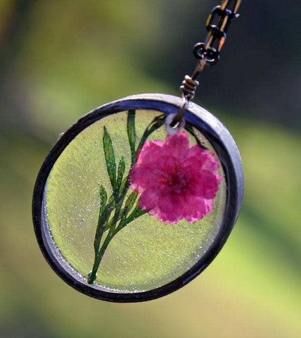 Pink Carnation and Green Fern Necklace