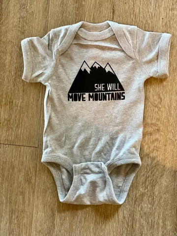 She Will Move Mountains Onesie - grey, pink, or white